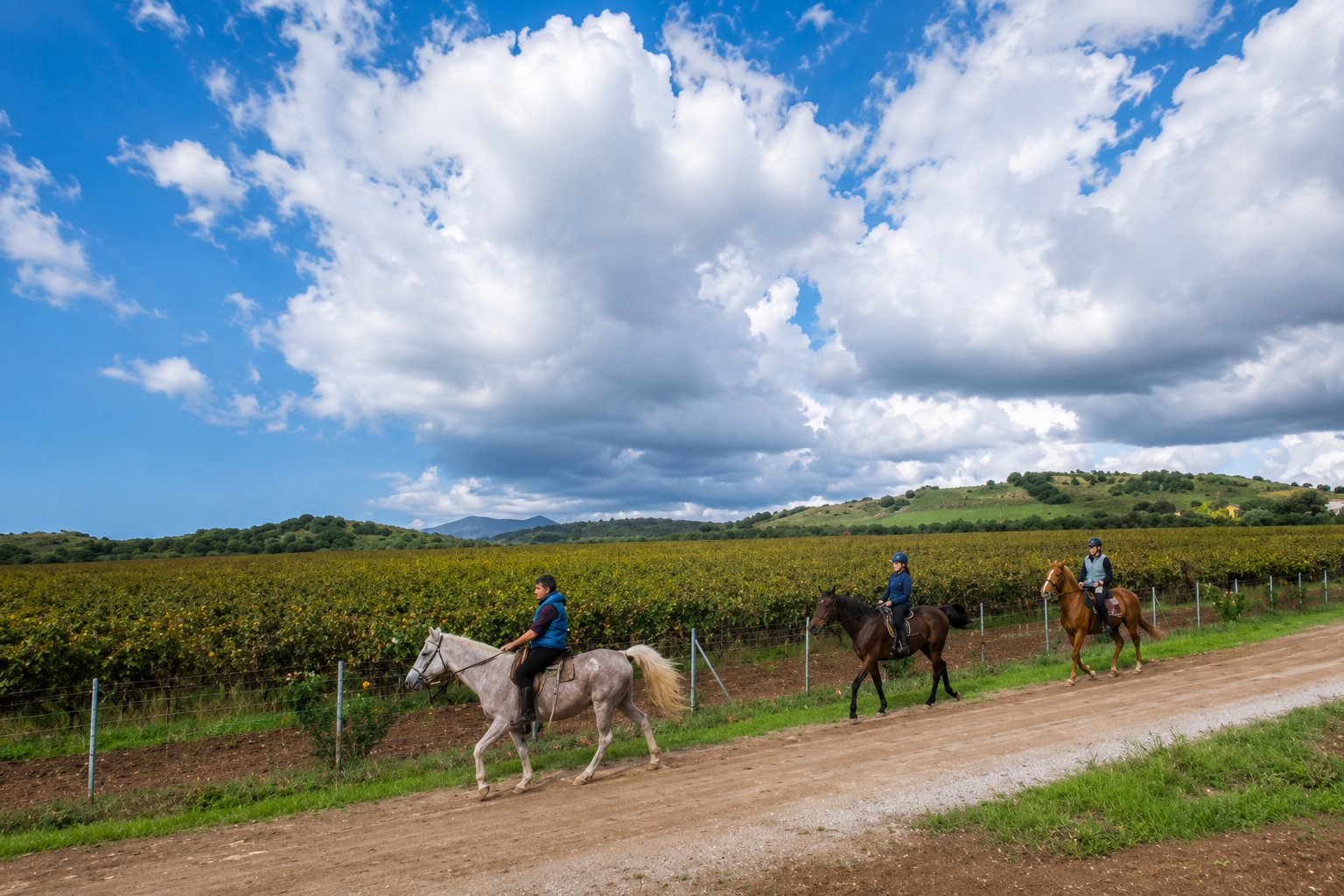 Drei Personen reiten auf einem Landweg unter bewölktem Himmel.
