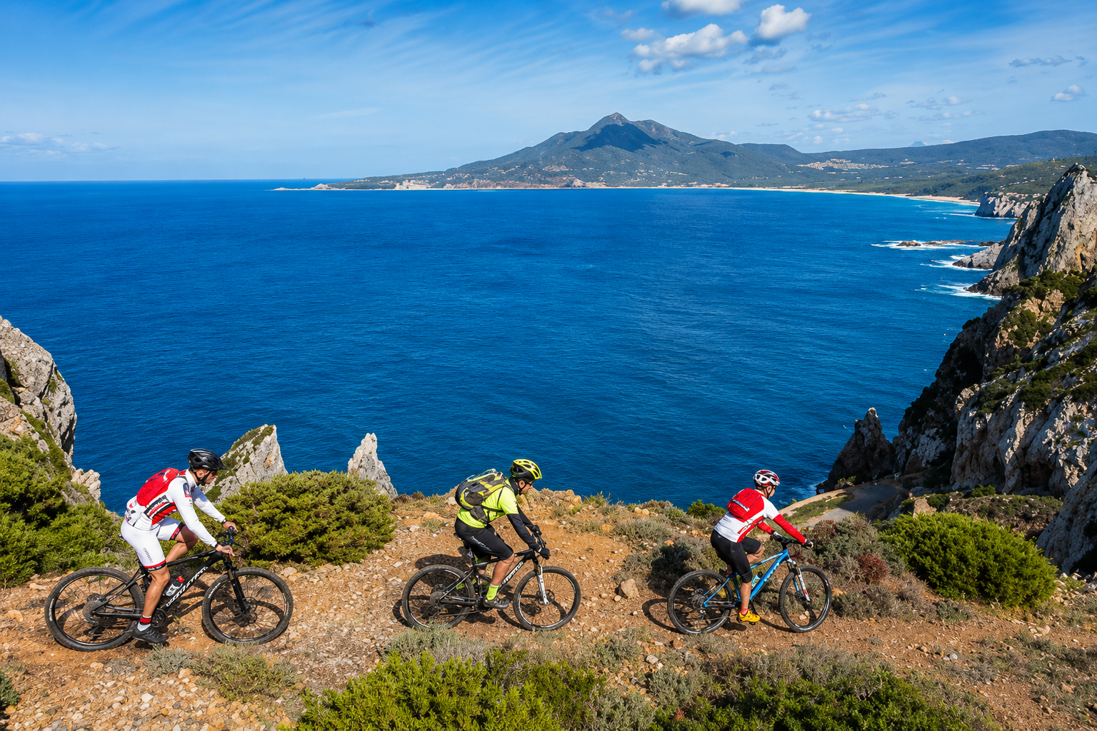 Three cyclists on coastal trail with sea and mountain view in background