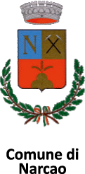 Stemma comunale con corona, lettere N, attrezzi incrociati e frutto su scudo colorato.