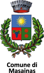 Stemma comunale con corona, sole, grappolo d'uva e fiori rossi, circondato da rami di alloro