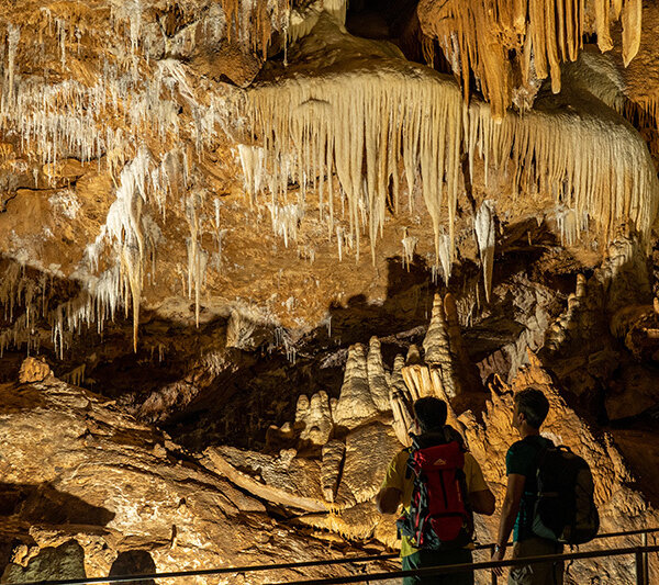 Deux personnes observent des stalactites et stalagmites éclairées dans une grotte.