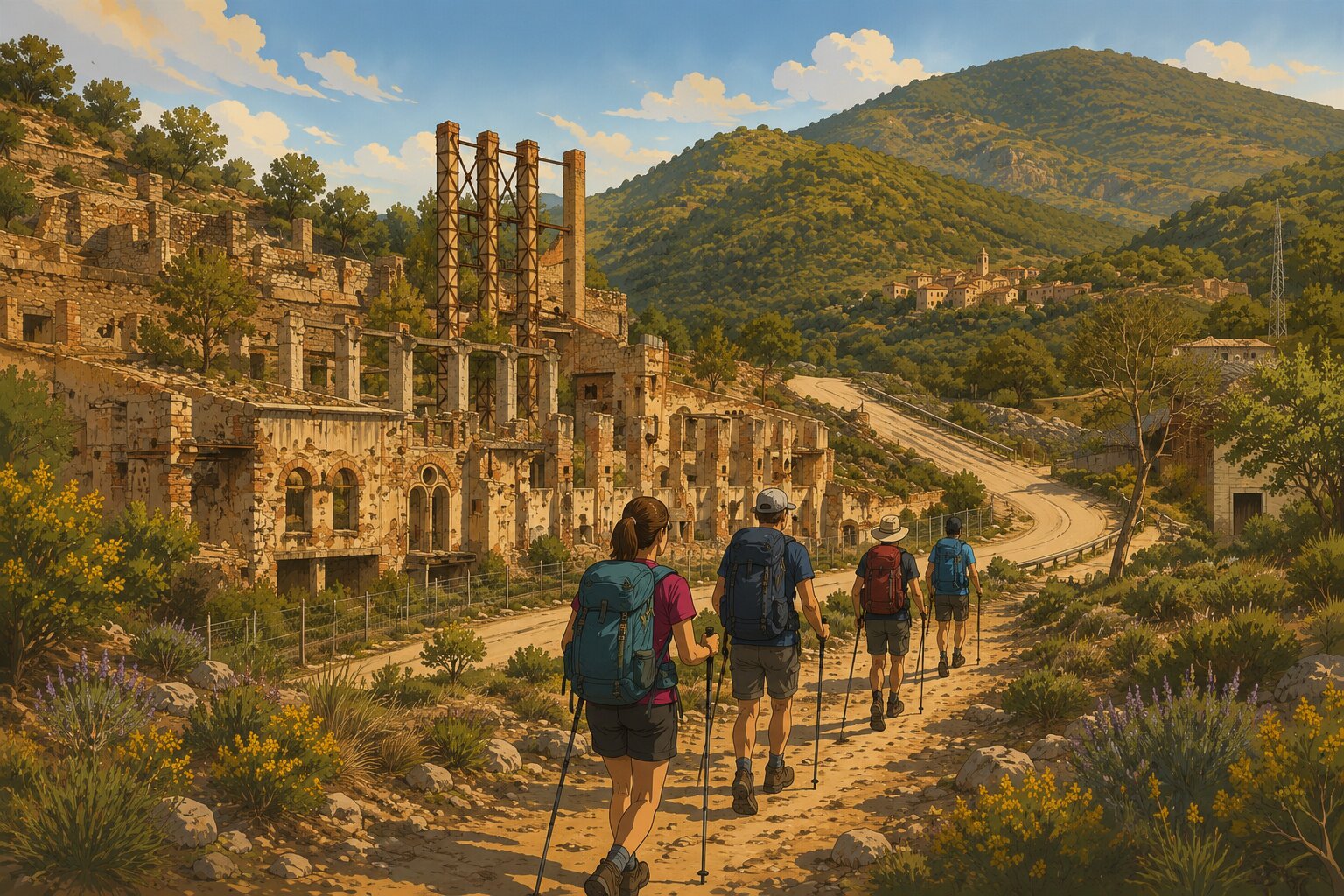 Groupe de randonneurs marchant près de ruines anciennes dans un paysage montagneux ensoleillé.