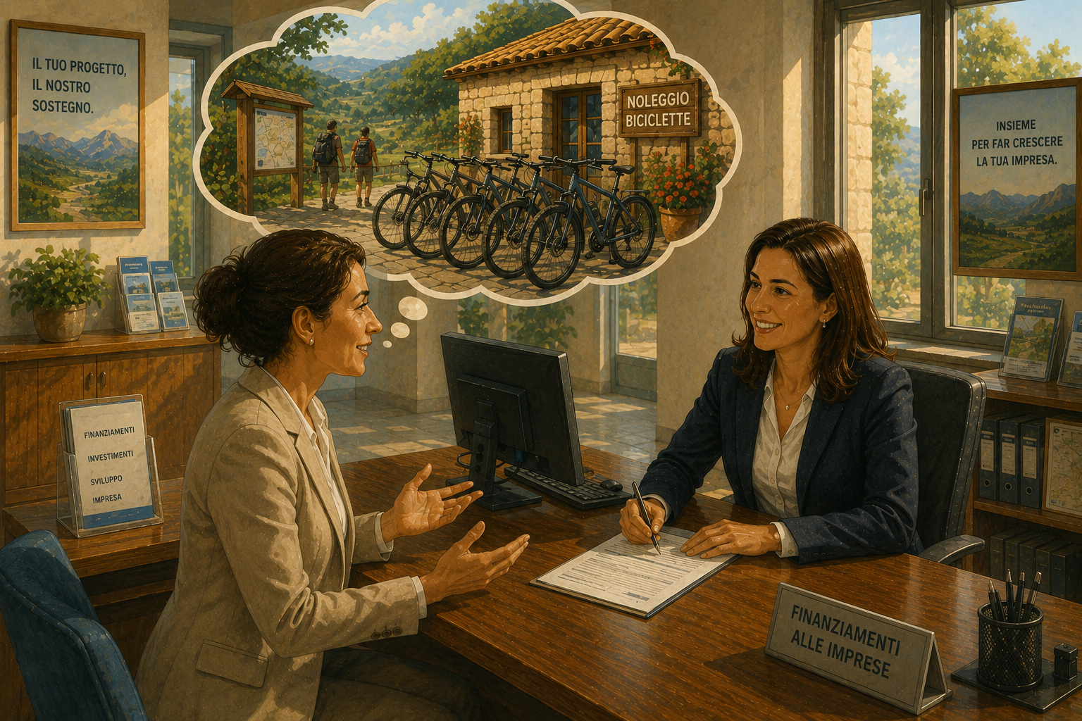 Deux femmes discutent de location de vélos au bureau avec panneau et bulle de pensée.