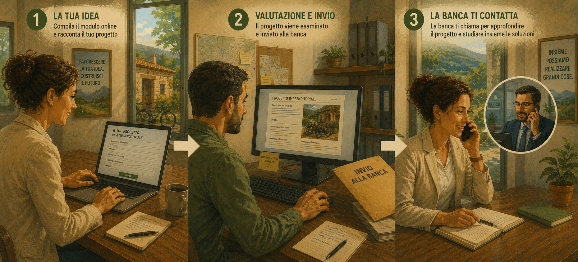 Homme évalue projet d'entreprise sur ordinateur, envoie documents à la banque