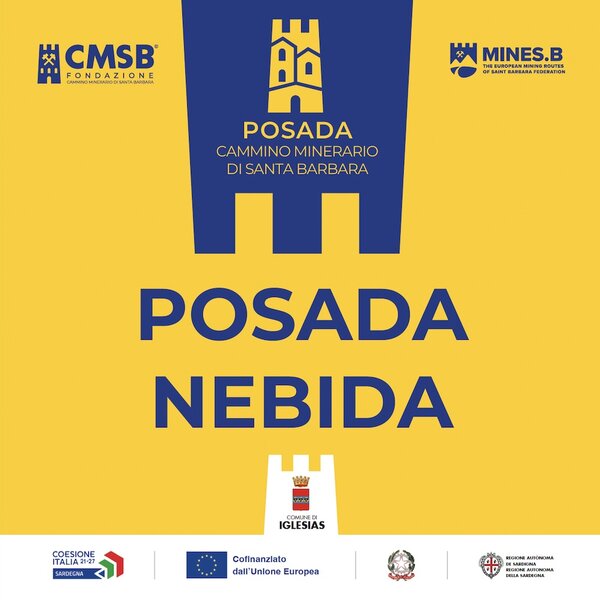 Logo und Text des Santa Barbara Bergbauwegs, Posada Nebida, Gemeinde Iglesias.