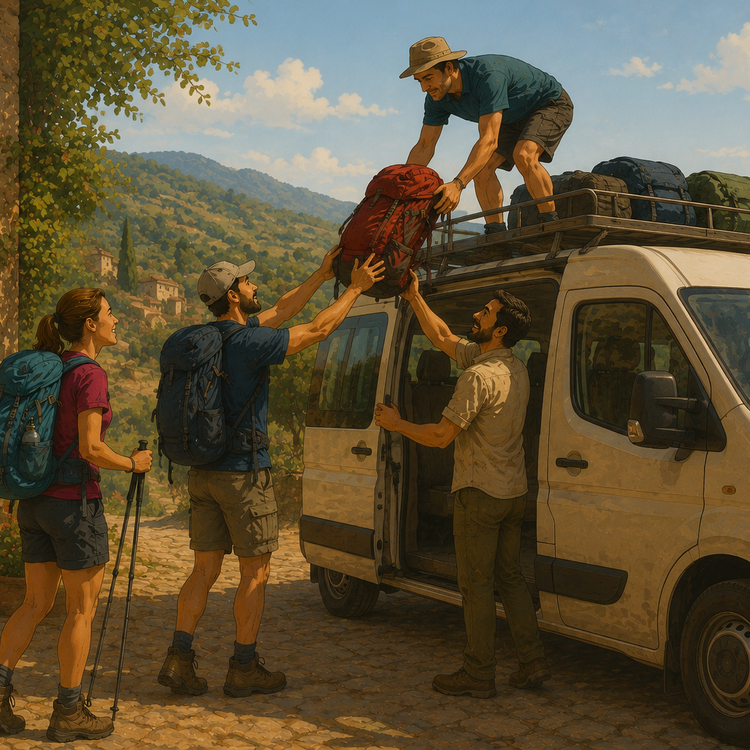 Groupe de randonneurs chargeant des sacs à dos sur une camionnette en paysage vallonné ensoleillé