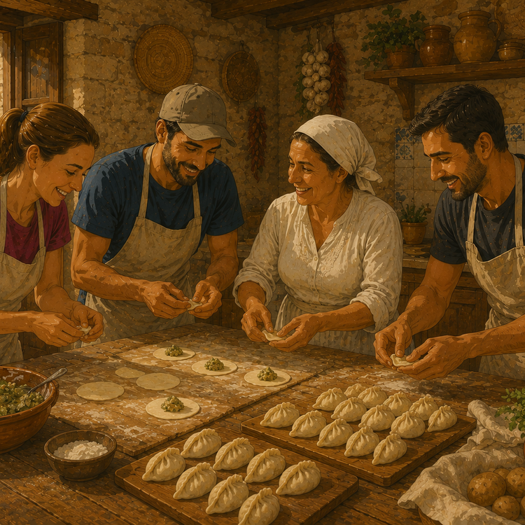 Quatre personnes préparent des raviolis dans une cuisine rustique et chaleureuse.