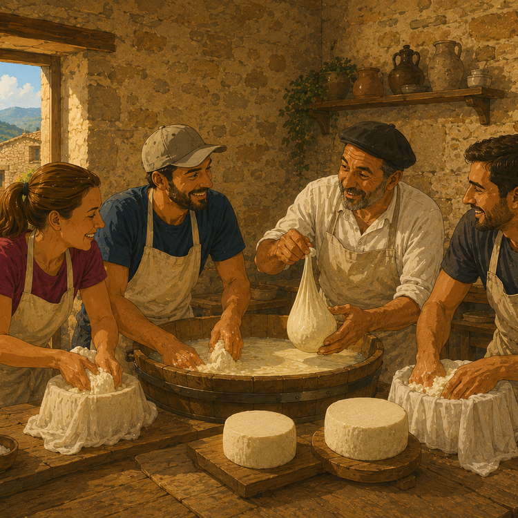Quatre personnes fabriquent du fromage artisanal dans une pièce rustique.