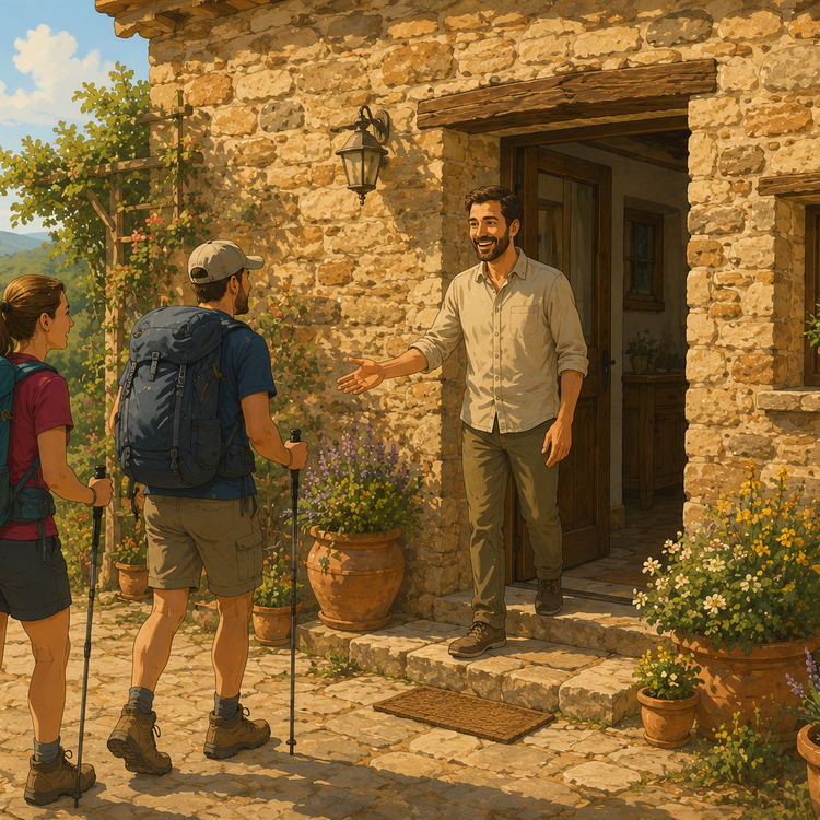 Wanderer werden vor einem Steinhaus empfangen